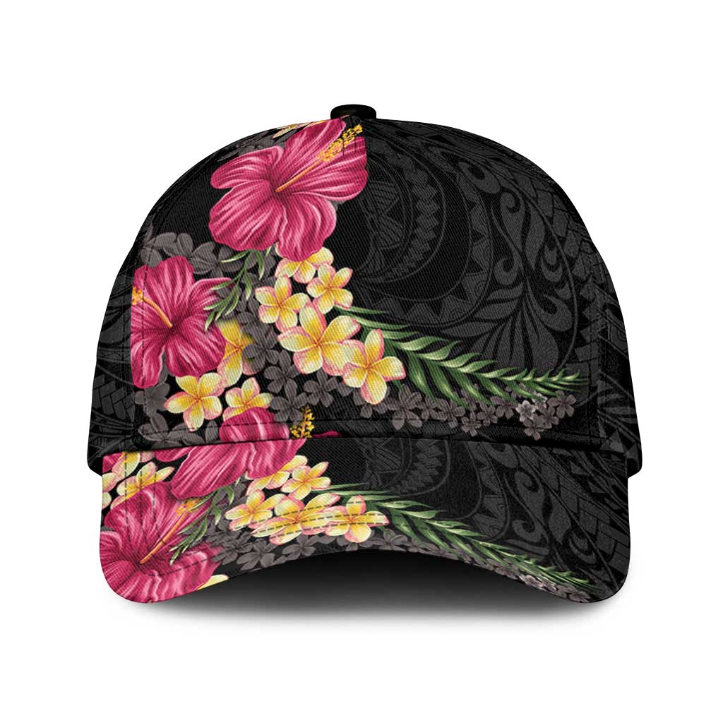 Hawaiian Plumeria and Hibiscus Classic Cap Colorful Style LT03 Universal Fit Black - Polynesian Pride