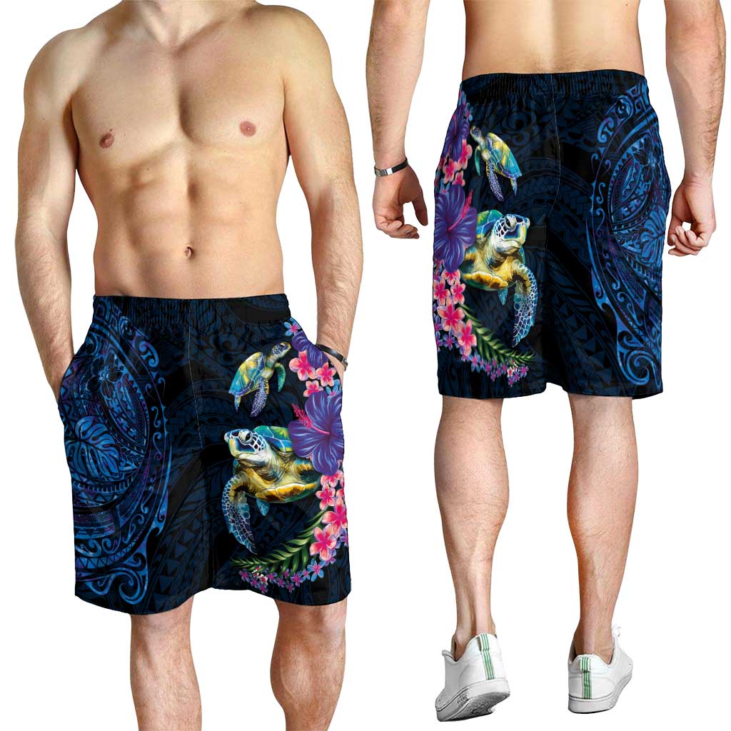 Hawaiian Plumeria and Hibiscus with Turtles Shorts for Men Polynesian Art Dark Cyan Color - Polynesian Pride