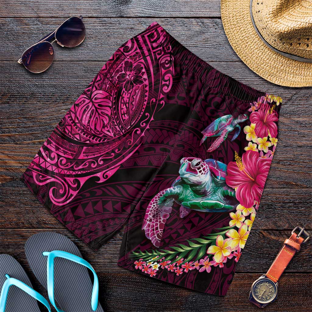 Hawaiian Plumeria and Hibiscus with Turtles Shorts for Men Polynesian Art Red Color LT03 Red - Polynesian Pride