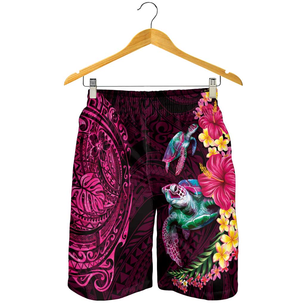 Hawaiian Plumeria and Hibiscus with Turtles Shorts for Men Polynesian Art Red Color LT03 - Polynesian Pride