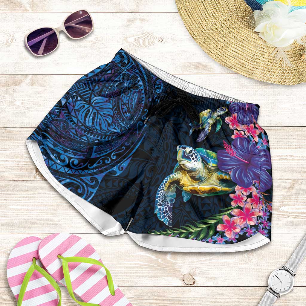 Hawaiian Plumeria and Hibiscus with Turtles Shorts for Women Polynesian Art Dark Cyan Color LT03 Dark Cyan - Polynesian Pride