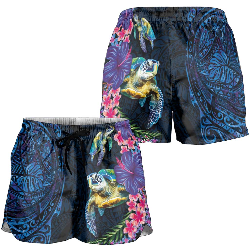 Hawaiian Plumeria and Hibiscus with Turtles Shorts for Women Polynesian Art Dark Cyan Color LT03 - Polynesian Pride