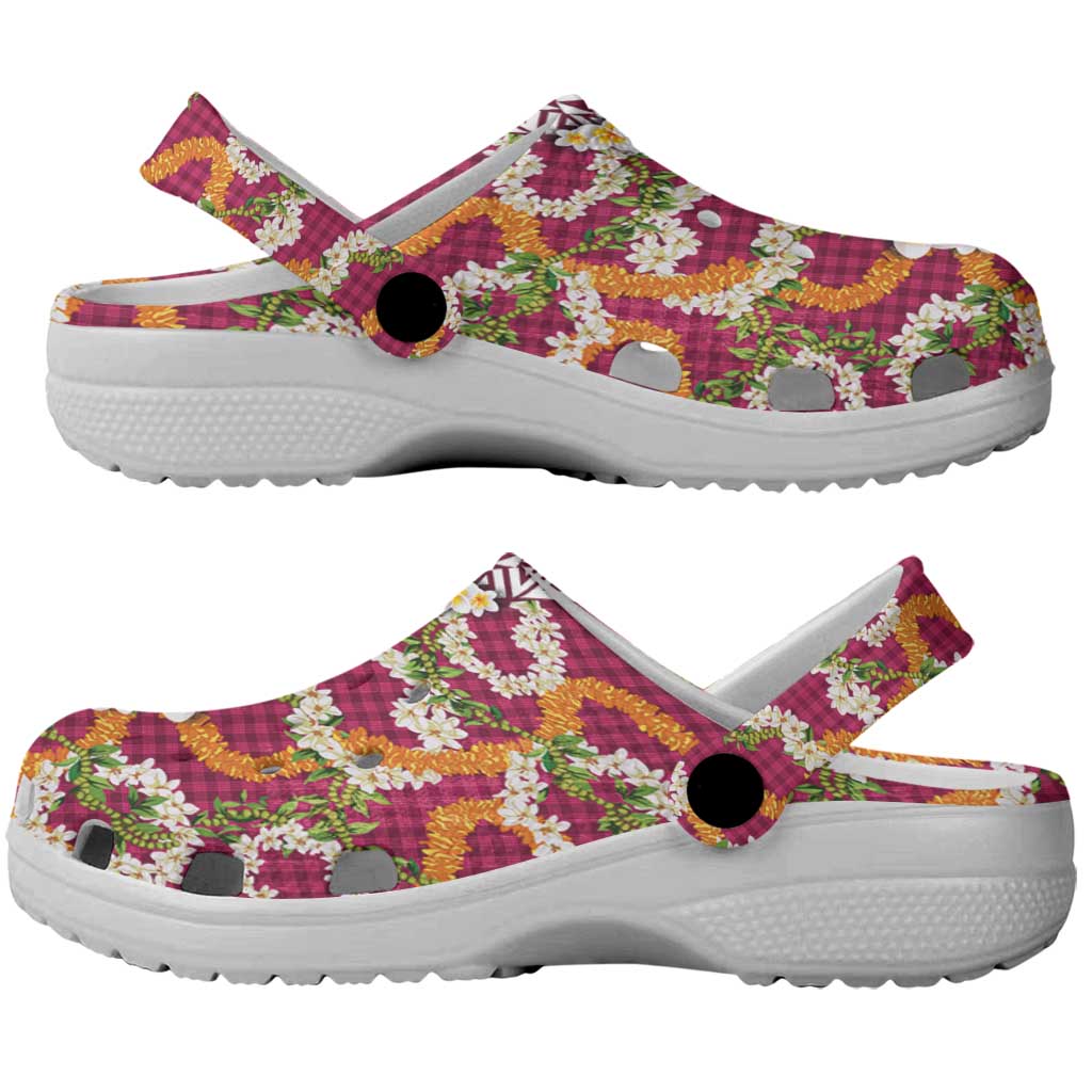 Hawaiian Plumeria Lei Clogs Shoes Kakau Motifs and Palaka Half Style Pink Color LT03