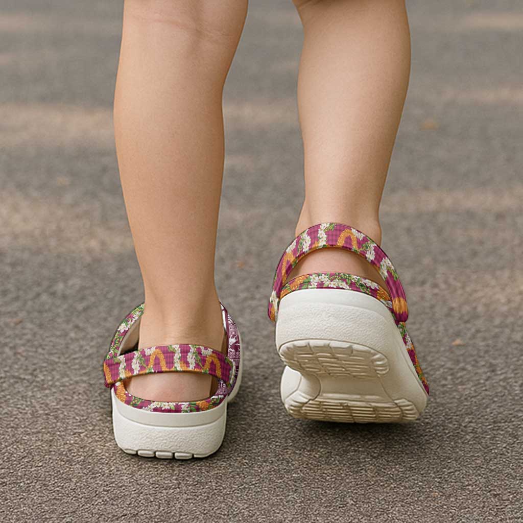 Hawaiian Plumeria Lei Clogs Shoes Kakau Motifs and Palaka Half Style Pink Color LT03