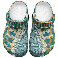 Hawaiian Plumeria Lei Clogs Shoes Kakau Motifs and Palaka Half Style Turquoise Color LT03
