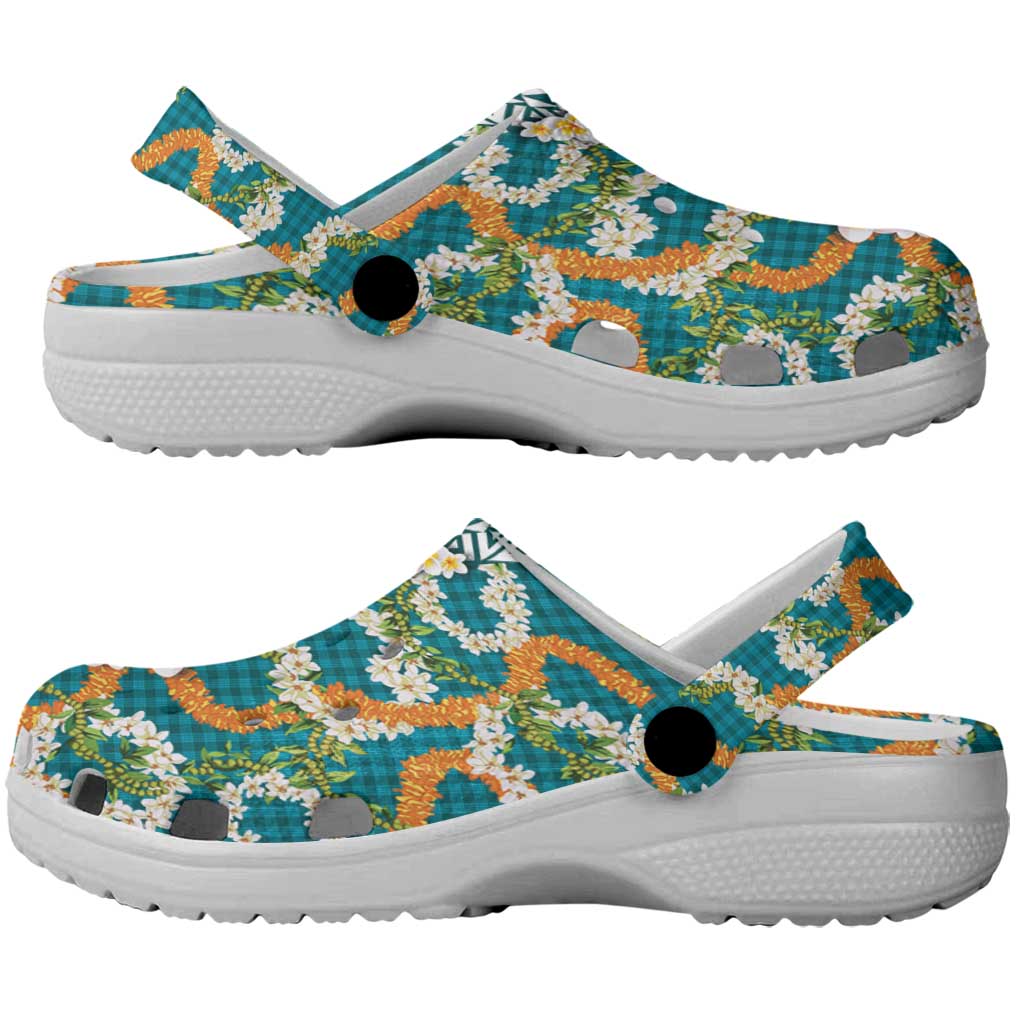 Hawaiian Plumeria Lei Clogs Shoes Kakau Motifs and Palaka Half Style Turquoise Color LT03