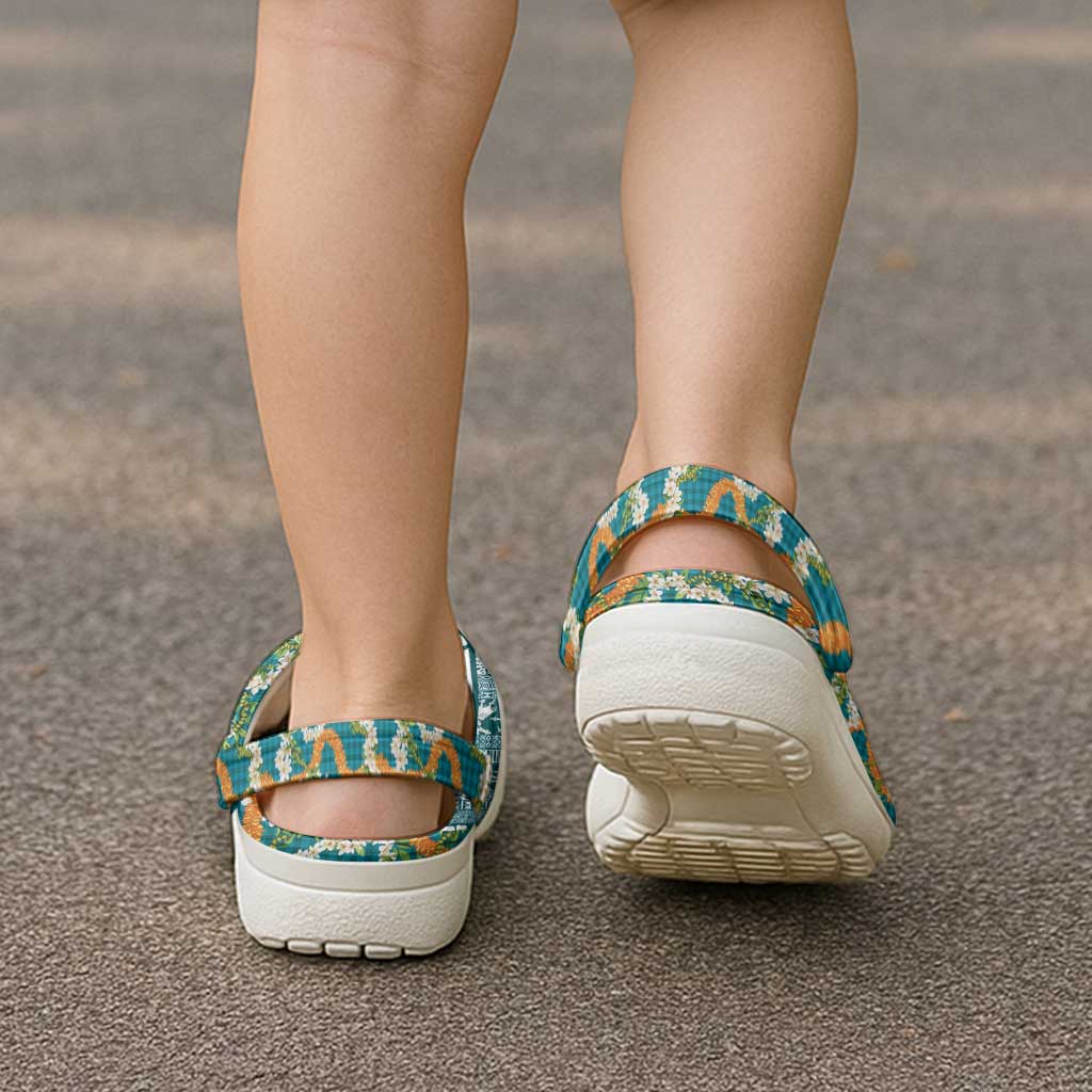 Hawaiian Plumeria Lei Clogs Shoes Kakau Motifs and Palaka Half Style Turquoise Color LT03