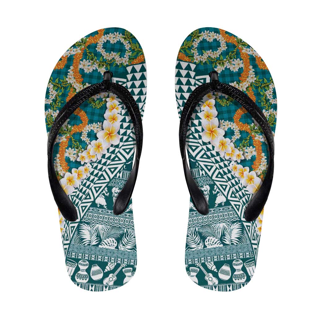 Hawaiian Plumeria Lei Flip Flops Kakau Motifs and Palaka Half Style Turquoise Color LT03 Turquoise - Polynesian Pride
