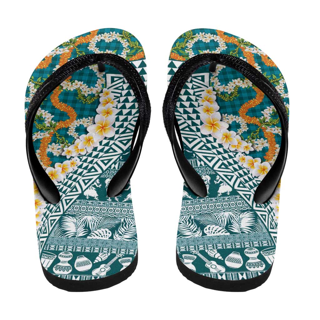 Hawaiian Plumeria Lei Flip Flops Kakau Motifs and Palaka Half Style Turquoise Color LT03 - Polynesian Pride