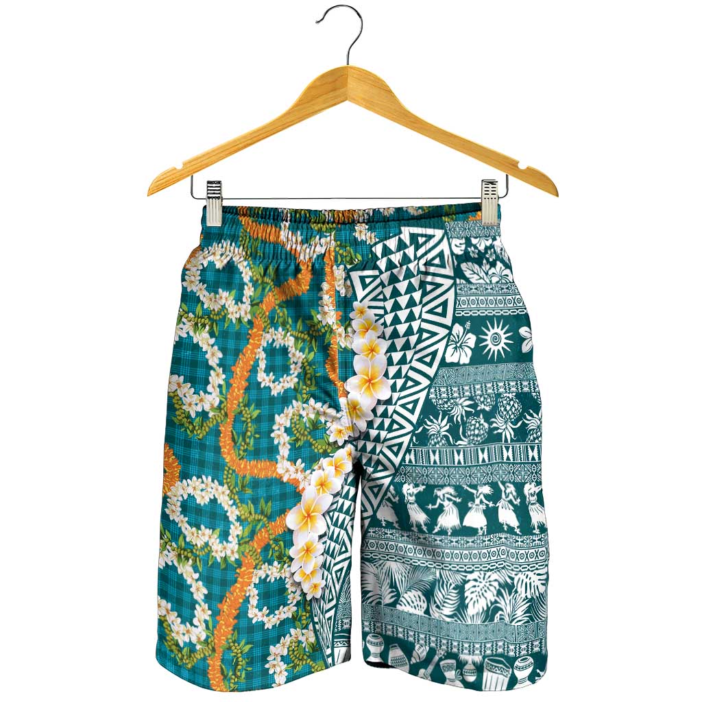 Hawaiian Plumeria Lei Shorts for Men Kakau Motifs and Palaka Half Style Turquoise Color - Polynesian Pride
