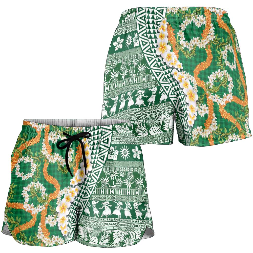 Hawaiian Plumeria Lei Shorts for Women Kakau Motifs and Palaka Half Style Green Color LT03 - Polynesian Pride