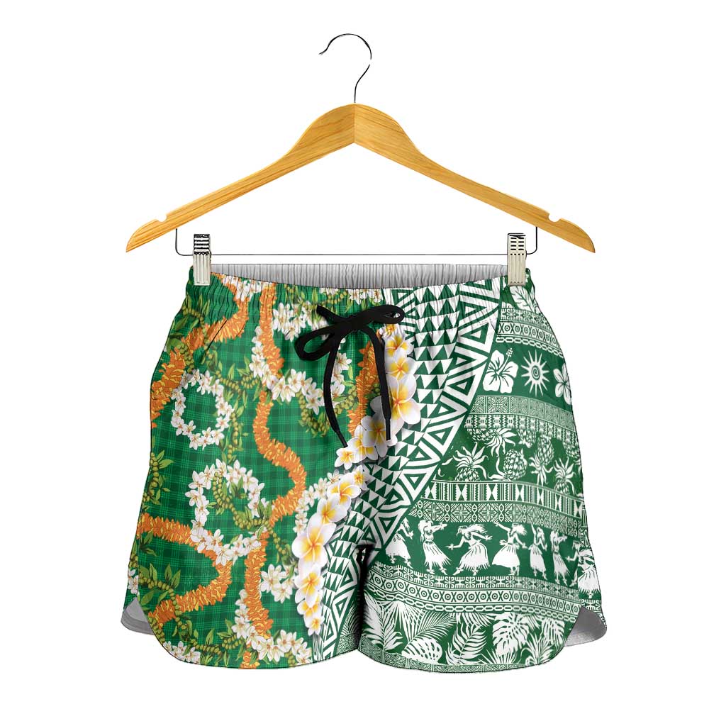 Hawaiian Plumeria Lei Shorts for Women Kakau Motifs and Palaka Half Style Green Color LT03 - Polynesian Pride