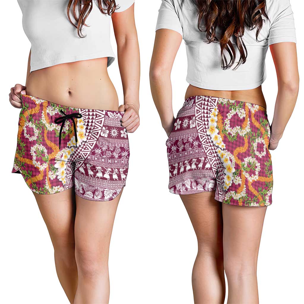 Hawaiian Plumeria Lei Shorts for Women Kakau Motifs and Palaka Half Style Pink Color LT03 - Polynesian Pride
