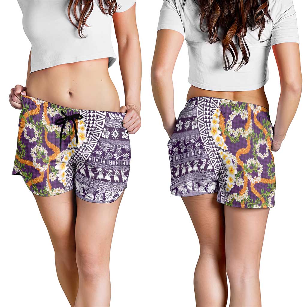 Hawaiian Plumeria Lei Shorts for Women Kakau Motifs and Palaka Half Style Purple Color LT03 - Polynesian Pride