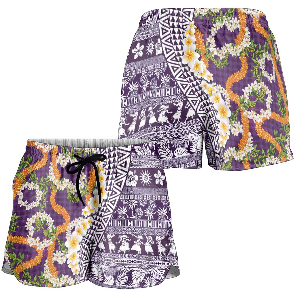 Hawaiian Plumeria Lei Shorts for Women Kakau Motifs and Palaka Half Style Purple Color LT03 - Polynesian Pride