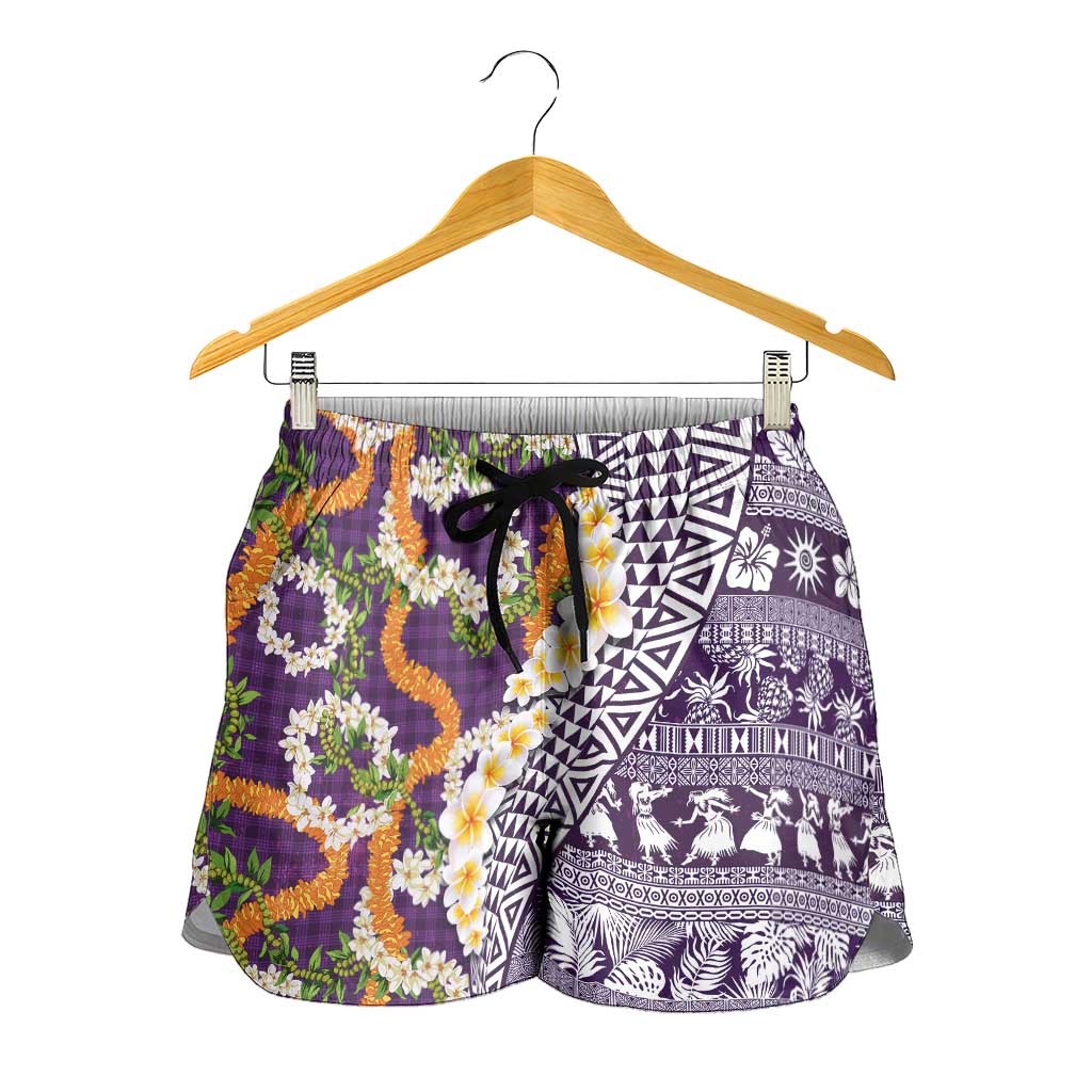 Hawaiian Plumeria Lei Shorts for Women Kakau Motifs and Palaka Half Style Purple Color LT03 - Polynesian Pride