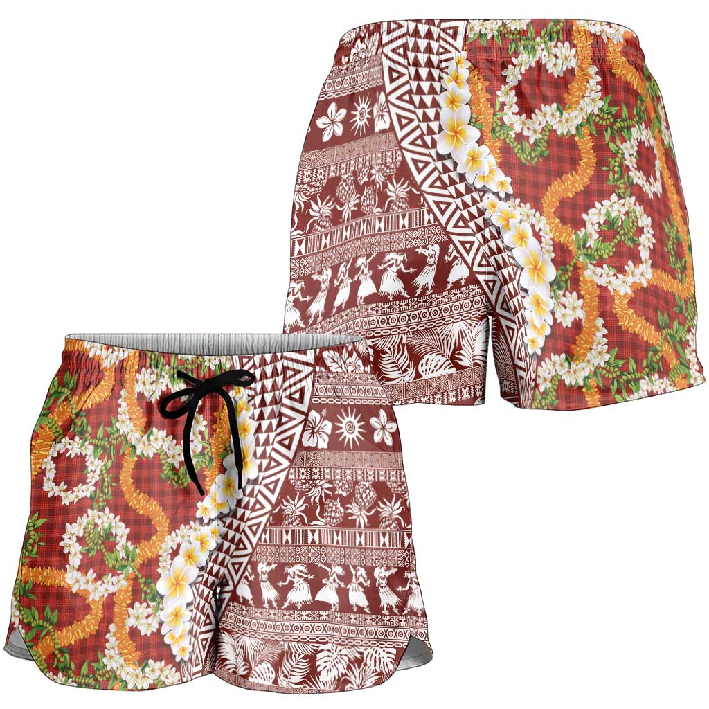 Hawaiian Plumeria Lei Shorts for Women Kakau Motifs and Palaka Half Style Red Color - Polynesian Pride