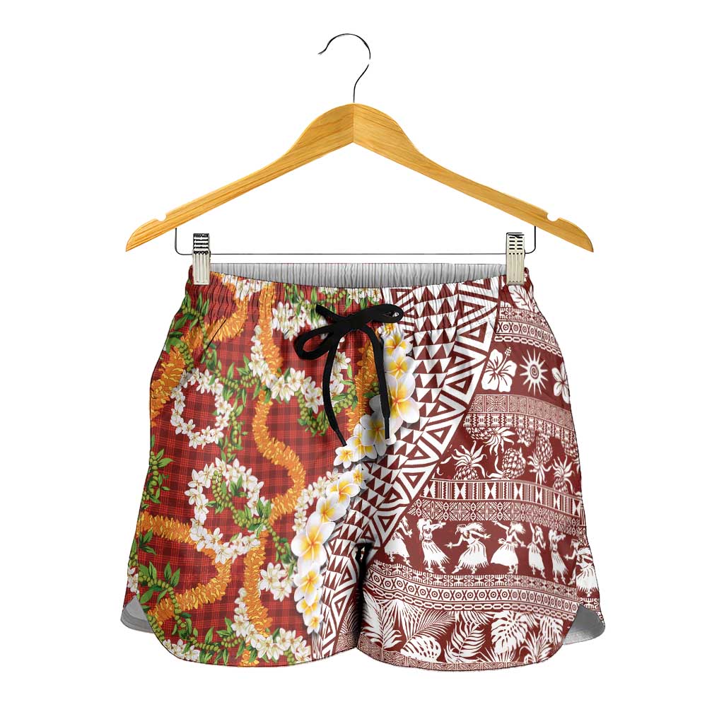 Hawaiian Plumeria Lei Shorts for Women Kakau Motifs and Palaka Half Style Red Color - Polynesian Pride