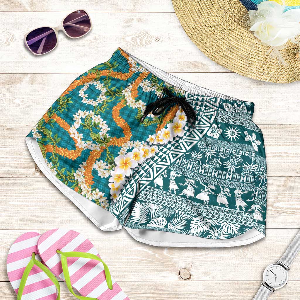 Hawaiian Plumeria Lei Shorts for Women Kakau Motifs and Palaka Half Style Turquoise Color LT03 Turquoise - Polynesian Pride
