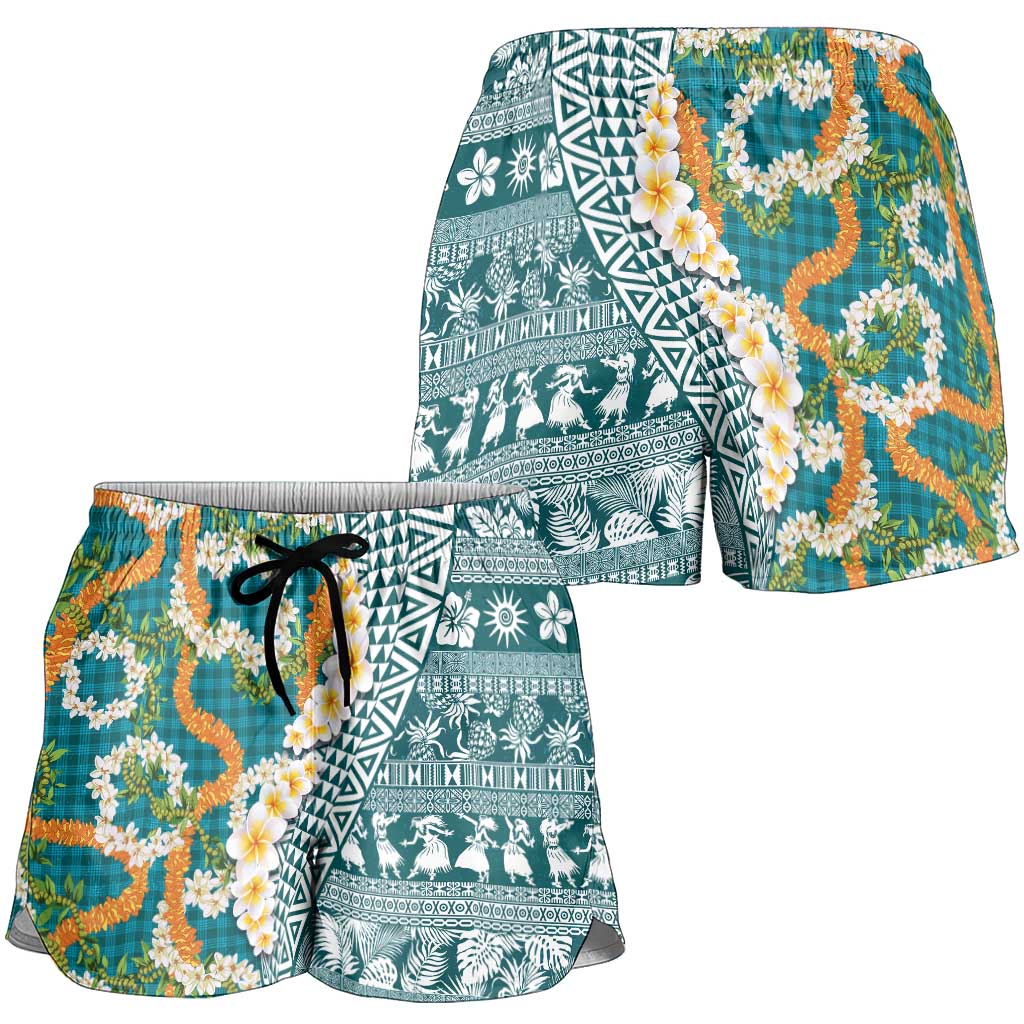 Hawaiian Plumeria Lei Shorts for Women Kakau Motifs and Palaka Half Style Turquoise Color LT03 - Polynesian Pride
