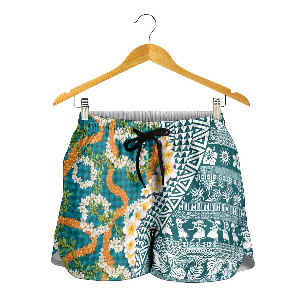 Hawaiian Plumeria Lei Shorts for Women Kakau Motifs and Palaka Half Style Turquoise Color LT03 - Polynesian Pride