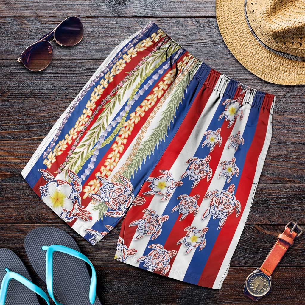 Hawaiian Polynesian Tribal Turtles Shorts for Men with Lei and Flag Style