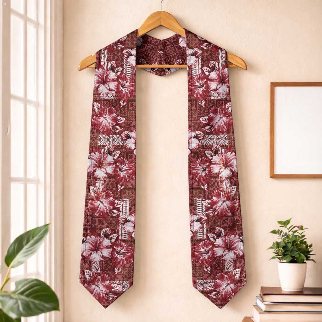 Hawaiian Quilt Pattern Graduation Stole Hibiscus and Tribal Element Vintage Red Vibe