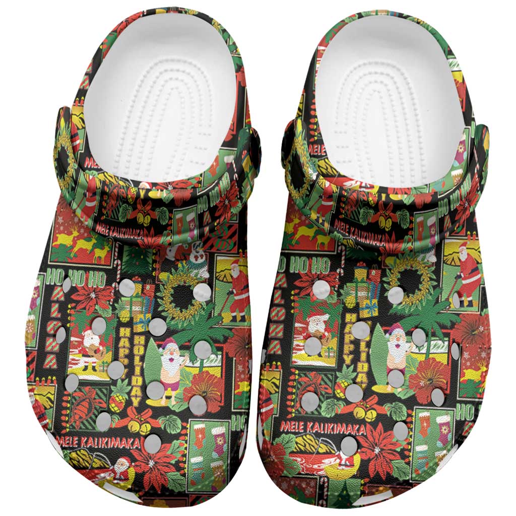 Hawaiian Santa Christmas Pattern Clogs Shoes Black Version - Polynesian Pride