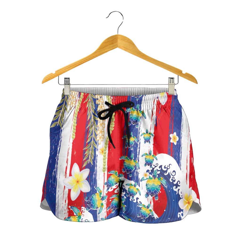 Hawaiian Sea Turtles and Plumeria Shorts for Women with Lei and Flag Grunge Style