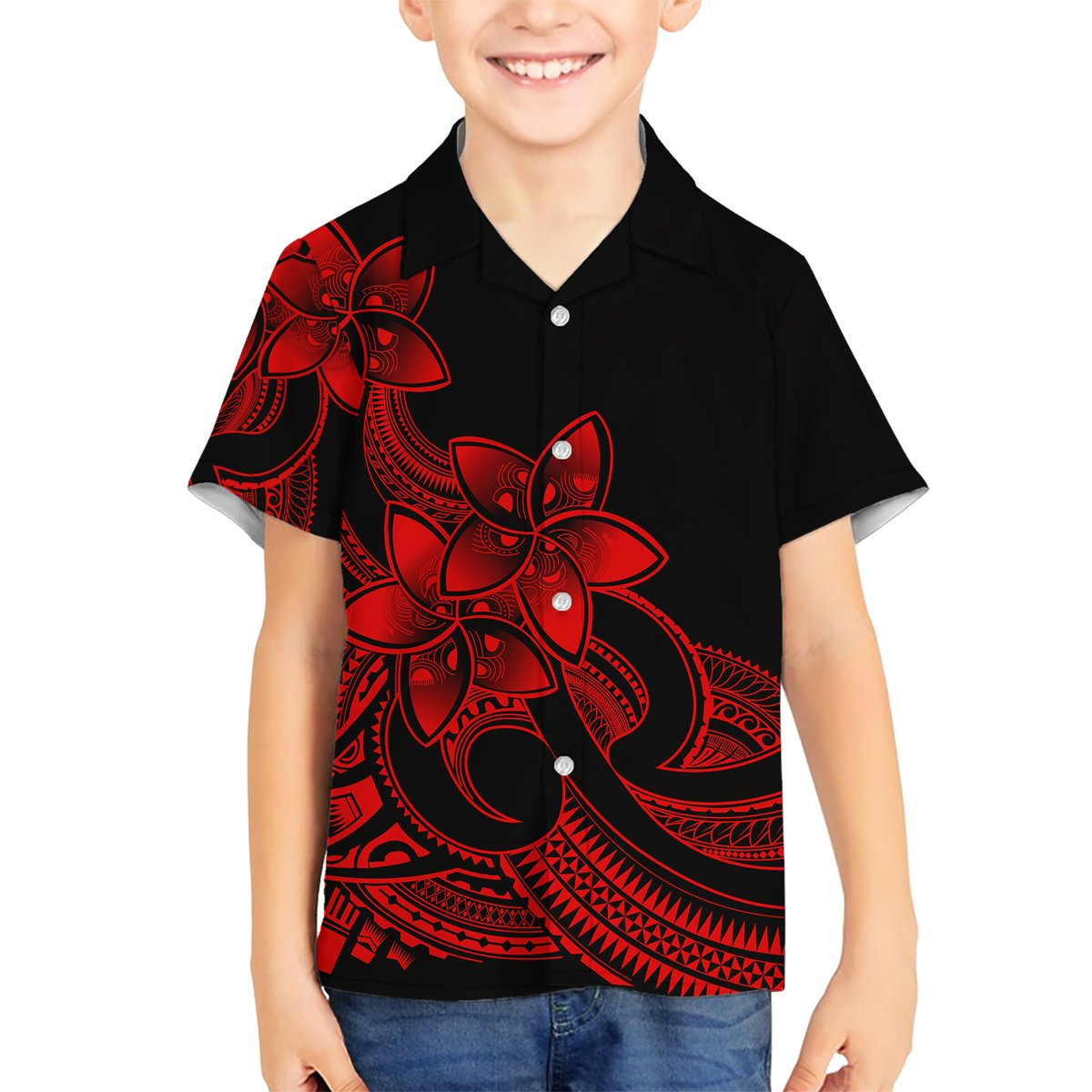 Polynesian Matching Outfit For Family Plumeria Flowers Long Dress Hawaiian Shirt Polynesian Tribal Red Vibe LT9 Son's Shirt - Polynesian Pride