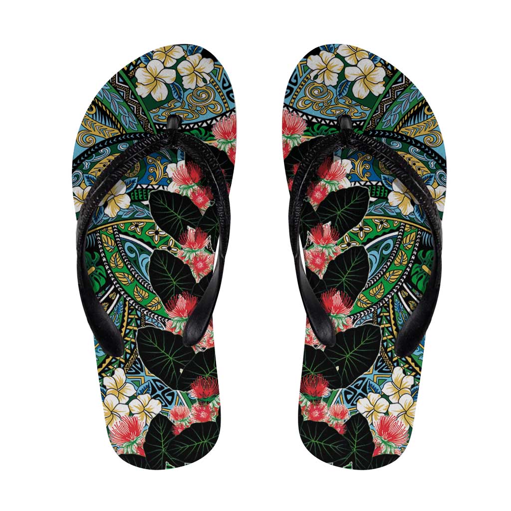 Hawaiian Taro Leaves and Ohia Lehua Flip Flops Polynesian Tribal Art Tropical Plants Motifs Colorful LT03 Multicolor - Polynesian Pride
