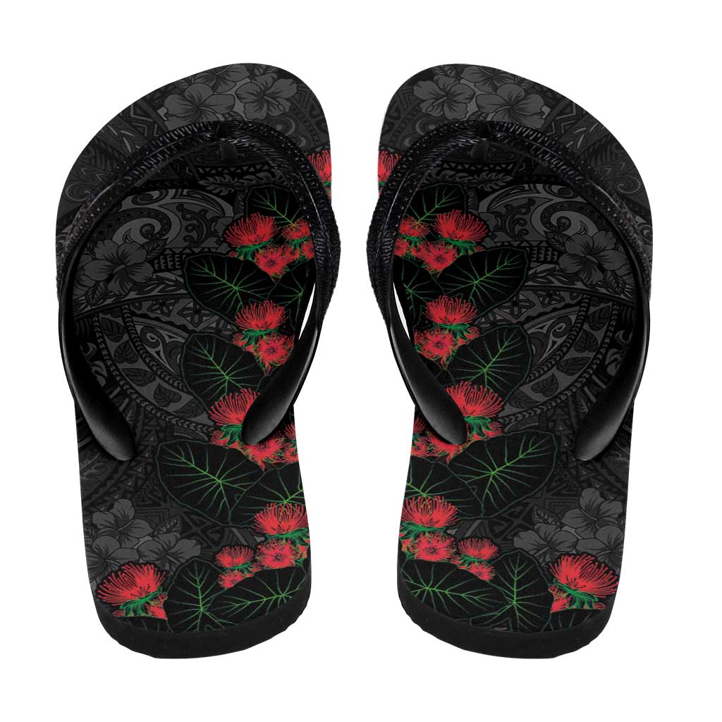 Hawaiian Taro Leaves and Ohia Lehua Flip Flops Polynesian Tribal Art Tropical Plants Motifs Grayscale LT03 - Polynesian Pride