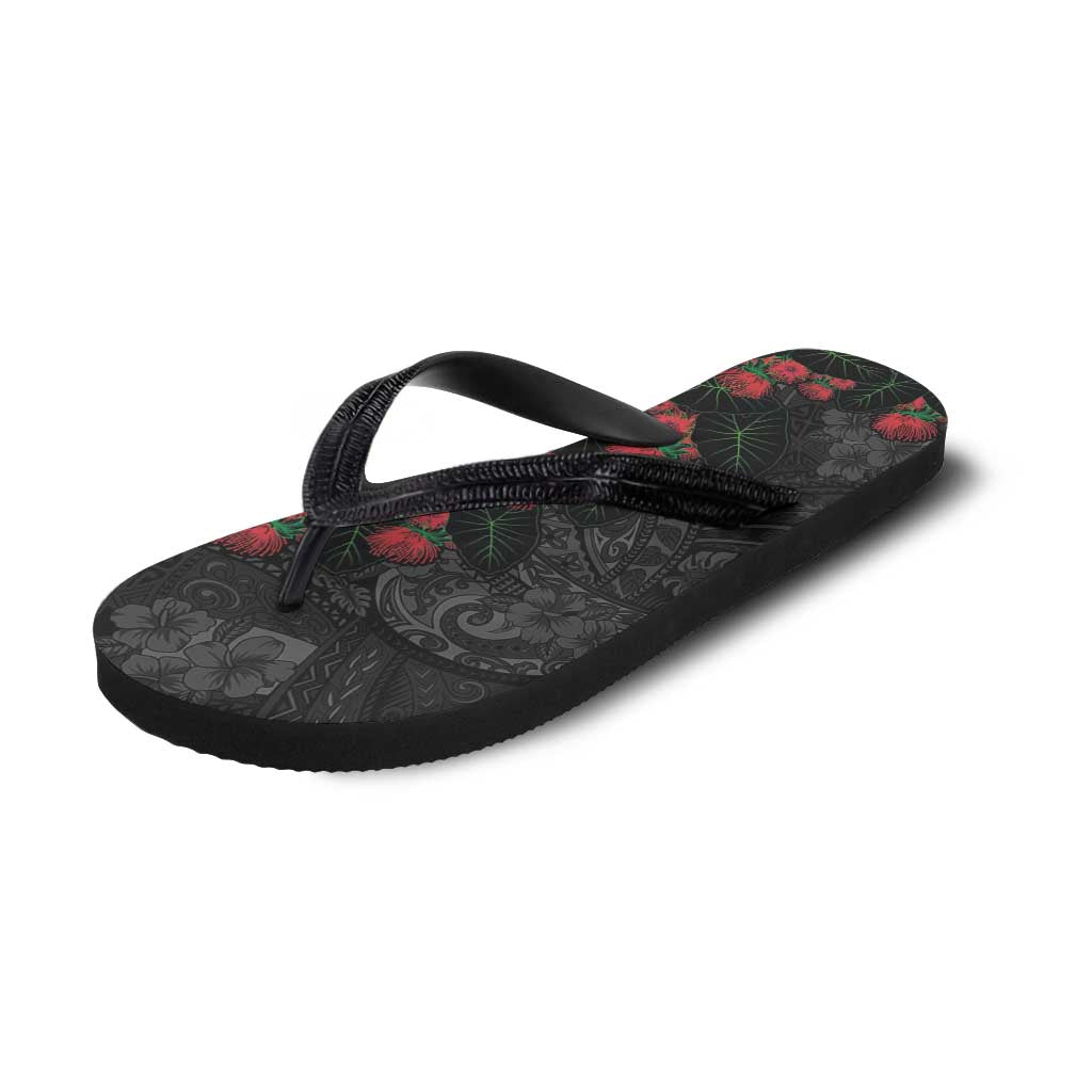 Hawaiian Taro Leaves and Ohia Lehua Flip Flops Polynesian Tribal Art Tropical Plants Motifs Grayscale LT03 - Polynesian Pride