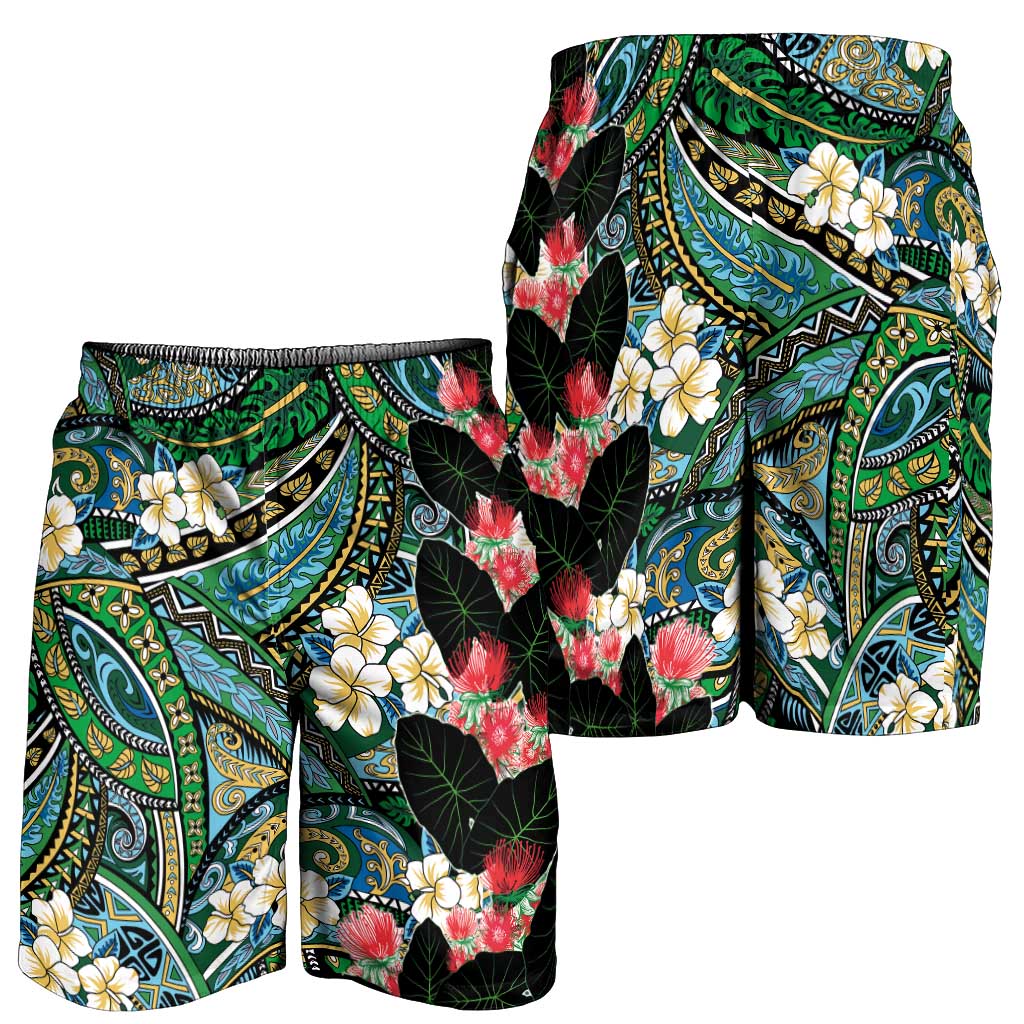 Hawaiian Taro Leaves and Ohia Lehua Shorts for Men Polynesian Tribal Art Tropical Plants Motifs Colorful LT03 - Polynesian Pride