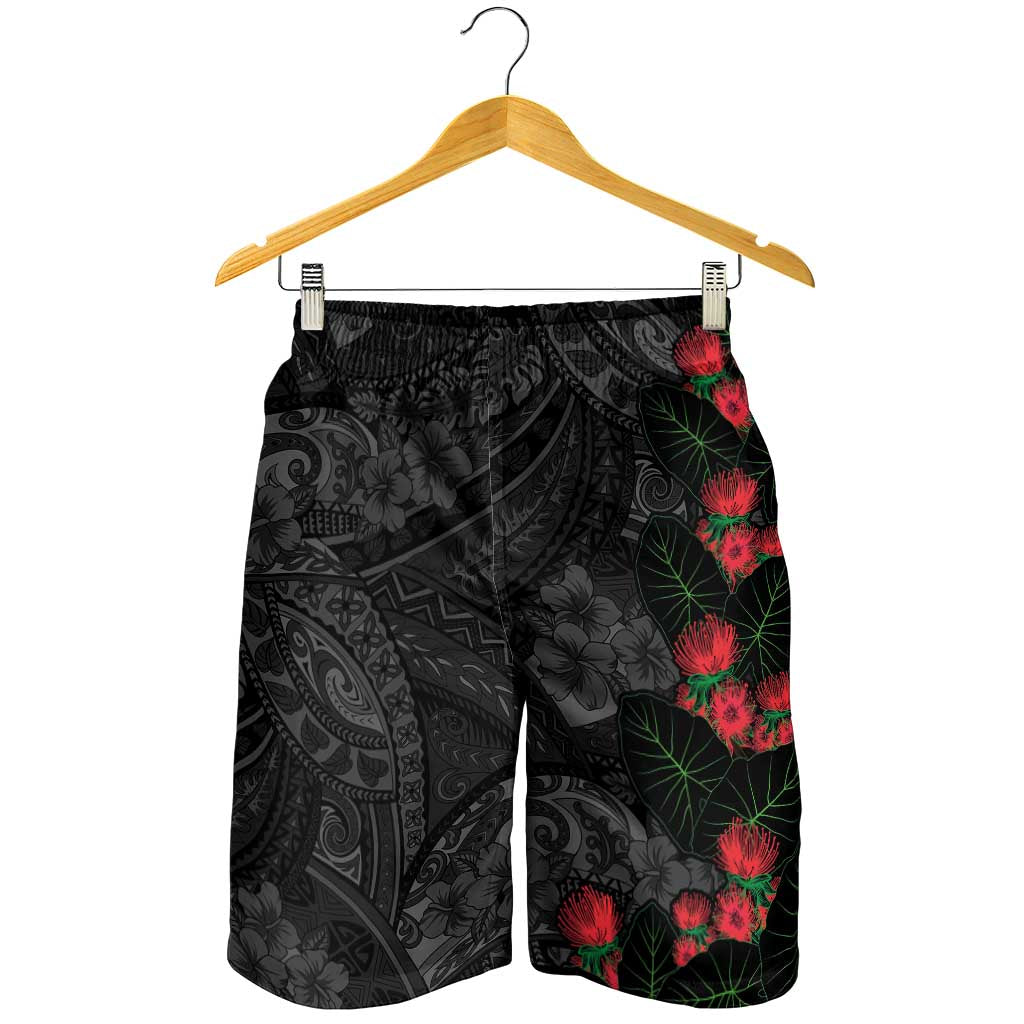 Hawaiian Taro Leaves and Ohia Lehua Shorts for Men Polynesian Tribal Art Tropical Plants Motifs Grayscale LT03 - Polynesian Pride