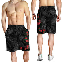 Hawaiian Taro Leaves and Ohia Lehua Shorts for Men Polynesian Tribal Art Tropical Plants Motifs Grayscale LT03 - Polynesian Pride