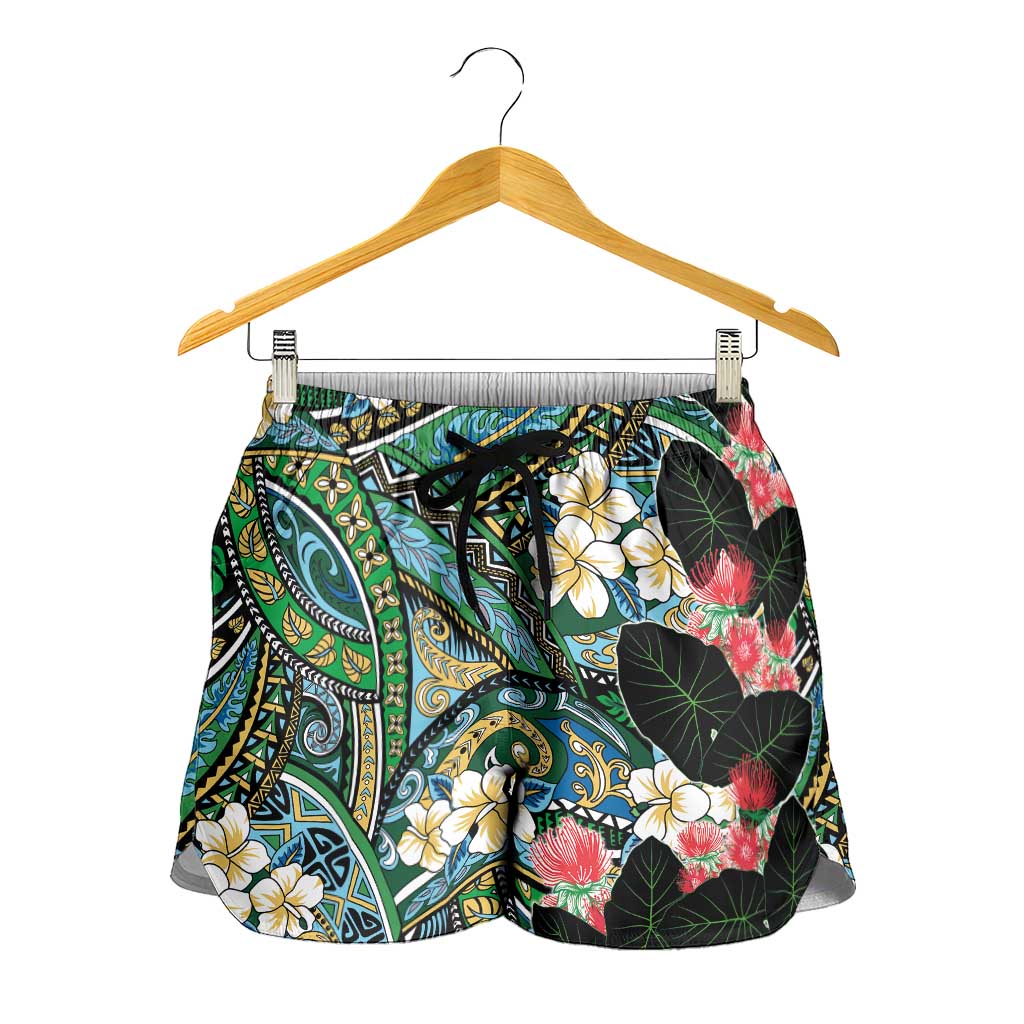 Hawaiian Taro Leaves and Ohia Lehua Shorts for Women Polynesian Tribal Art Tropical Plants Motifs Colorful LT03 - Polynesian Pride