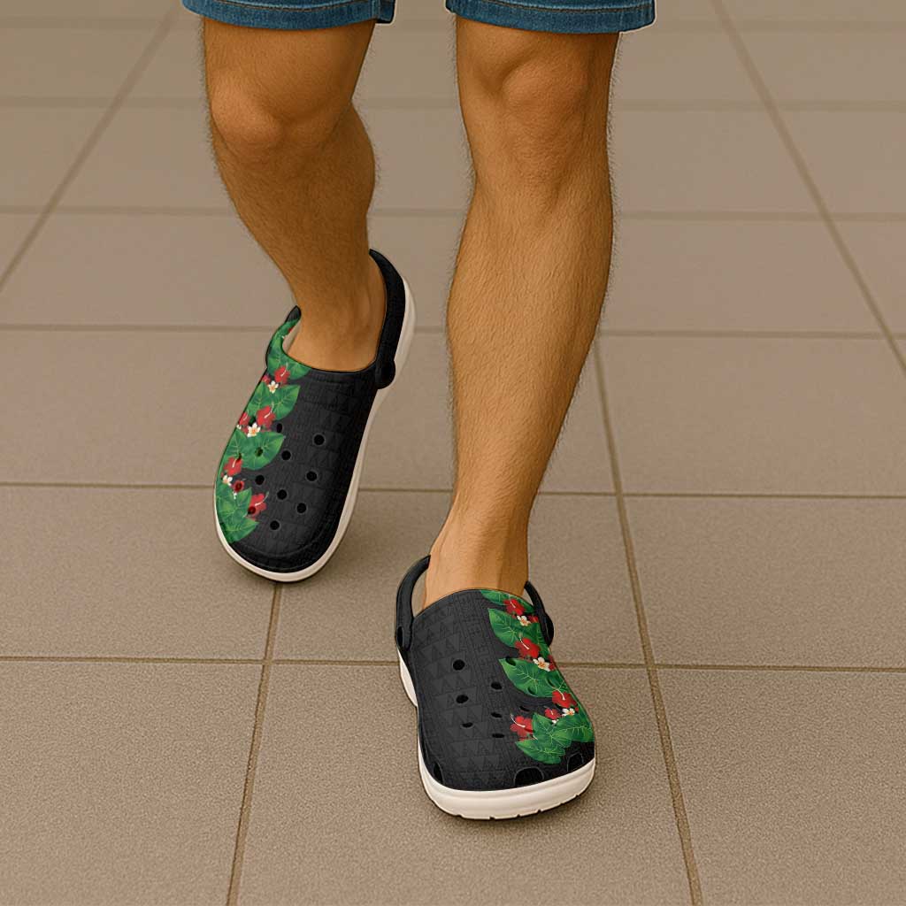 Hawaiian Taro Leaves-Hibiscus and Plumeria Clogs Shoes Polynesian Art-Kakau Tattoo Black