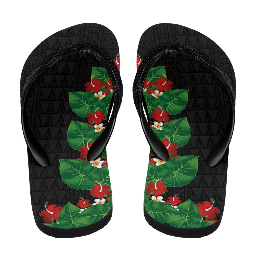 Hawaiian Taro Leaves-Hibiscus and Plumeria Flip Flops Polynesian Art-Kakau Tattoo Black