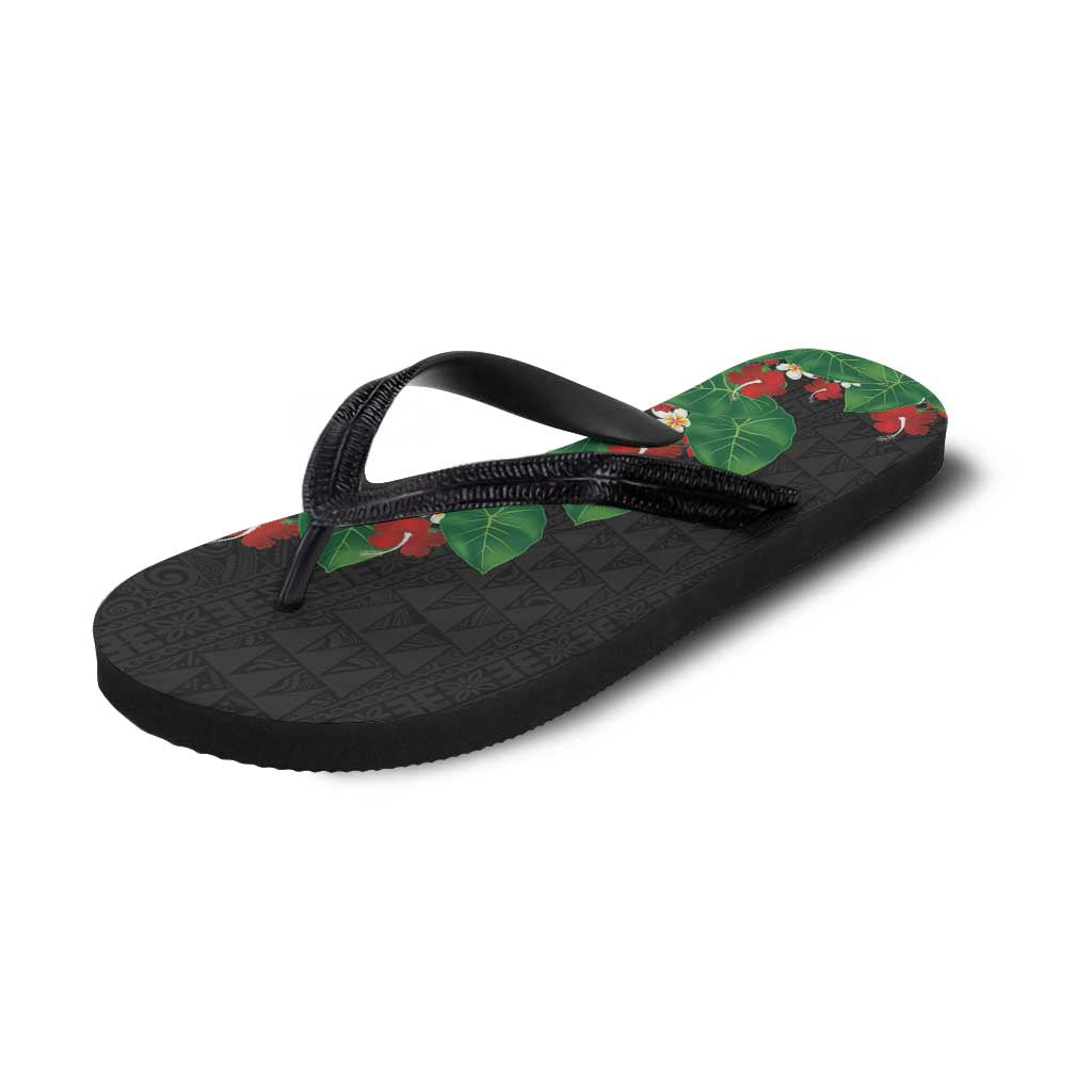 Hawaiian Taro Leaves-Hibiscus and Plumeria Flip Flops Polynesian Art-Kakau Tattoo Black