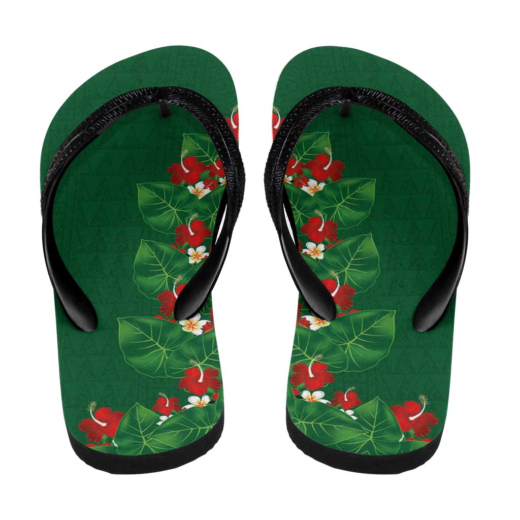 Hawaiian Taro Leaves-Hibiscus and Plumeria Flip Flops Polynesian Art-Kakau Tattoo Green