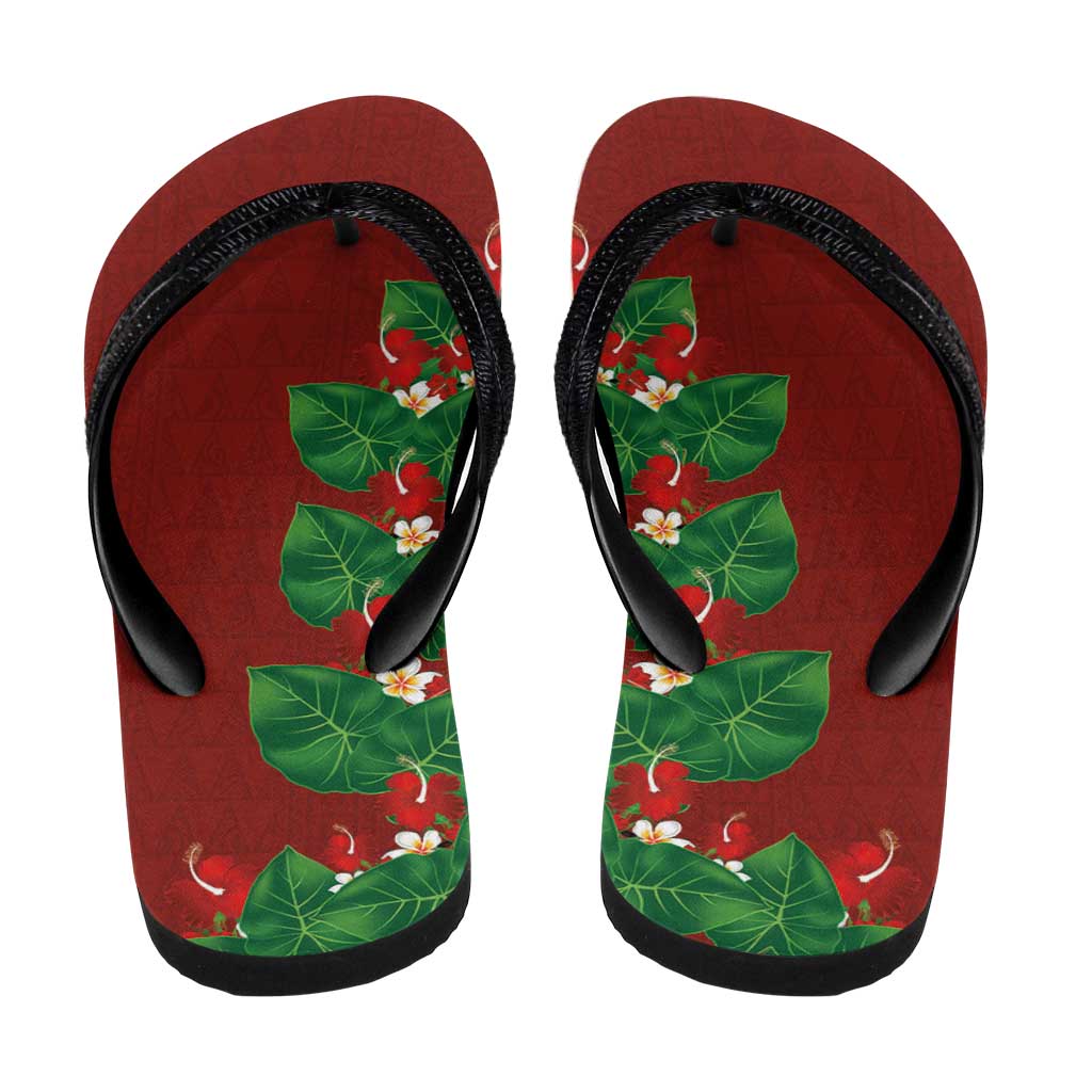 Hawaiian Taro Leaves-Hibiscus and Plumeria Flip Flops Polynesian Art-Kakau Tattoo Red