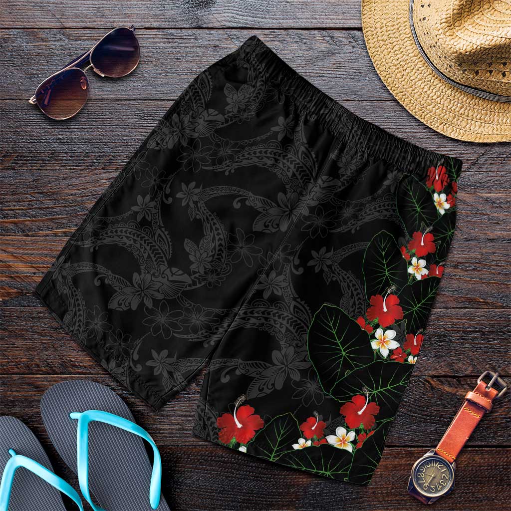 Hawaiian Taro Leaves-Hibiscus and Plumeria Shorts for Men Floral Tribal Tattoo Motif LT03 Black - Polynesian Pride