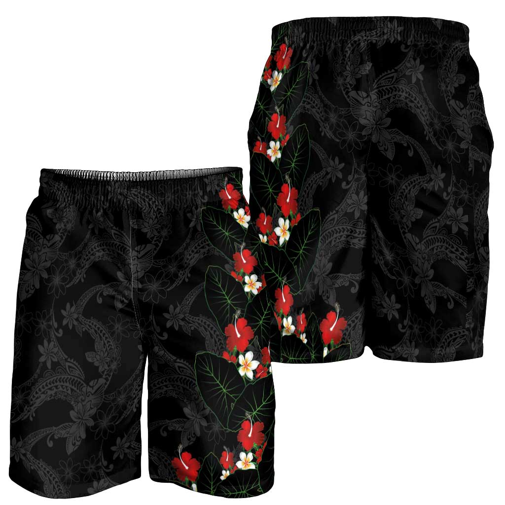 Hawaiian Taro Leaves-Hibiscus and Plumeria Shorts for Men Floral Tribal Tattoo Motif LT03 - Polynesian Pride