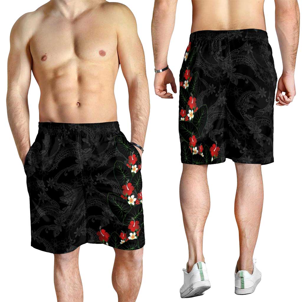 Hawaiian Taro Leaves-Hibiscus and Plumeria Shorts for Men Floral Tribal Tattoo Motif LT03 - Polynesian Pride
