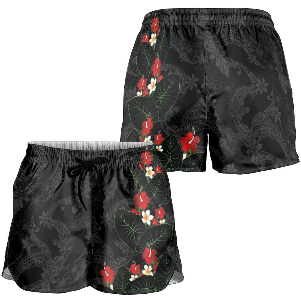 Hawaiian Taro Leaves-Hibiscus and Plumeria Shorts for Women Floral Tribal Tattoo Motif LT03 - Polynesian Pride