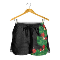 Hawaiian Taro Leaves-Hibiscus and Plumeria Shorts for Women Polynesian Art-Kakau Tattoo Black LT03 - Polynesian Pride