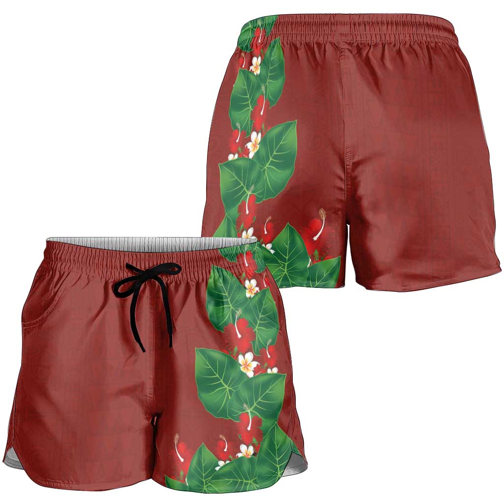 Hawaiian Taro Leaves-Hibiscus and Plumeria Shorts for Women Polynesian Art-Kakau Tattoo Red LT03 - Polynesian Pride