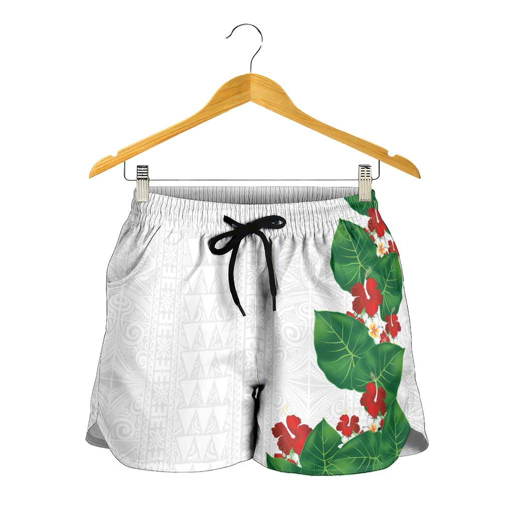 Hawaiian Taro Leaves-Hibiscus and Plumeria Shorts for Women Polynesian Art-Kakau Tattoo White LT03 - Polynesian Pride