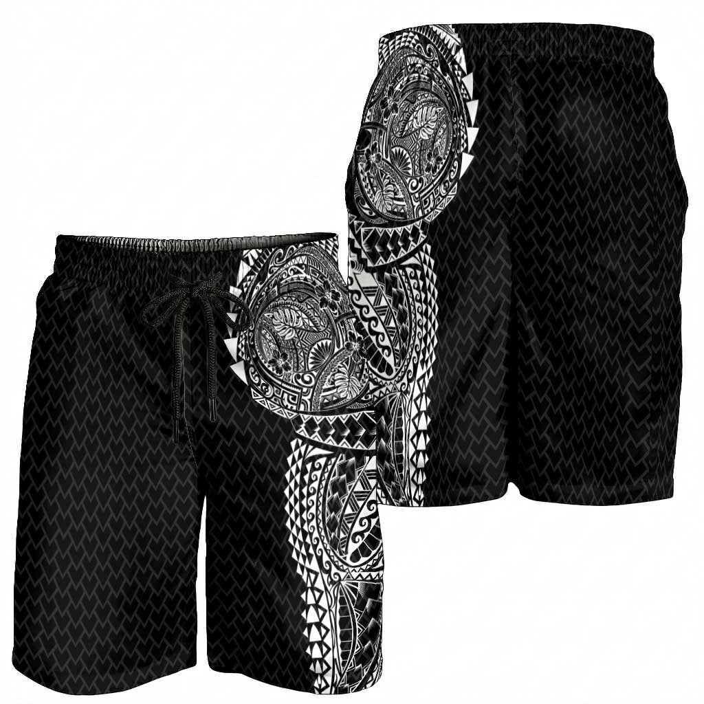 Hawaiian Traditional Tattoos Shorts for Men Kakau Tribal Tropical Plant Motif Black Color